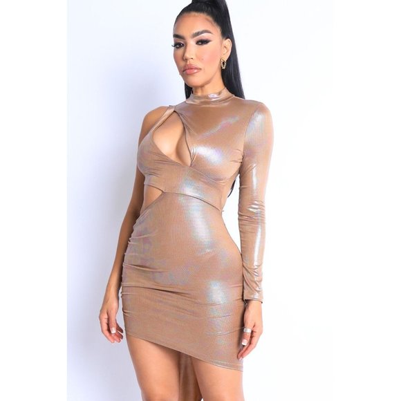 Women's Foil Asymmetric Sleeve and Cut Out One Shoulder Midi Dress Club Dress - Picture 6 of 11